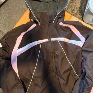 Brown and Pink Raincoat with Hood and Water-Resistant Fabric